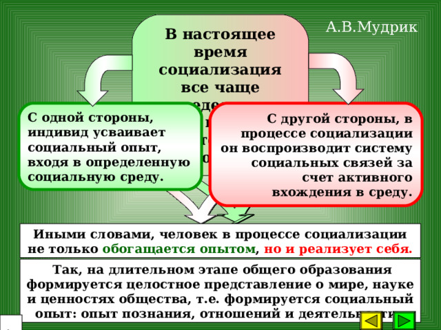 В настоящее время социализация все чаще определяется как двусторонний процесс. А.В.Мудрик С одной стороны, индивид усваивает социальный опыт, входя в определенную социальную среду. С другой стороны, в процессе социализации он воспроизводит систему социальных связей за счет активного вхождения в среду. Иными словами, человек в процессе социализации не только обогащается опытом , но и реализует себя.  Так, на длительном этапе общего образования формируется целостное представление о мире, науке и ценностях общества, т.е. формируется социальный опыт: опыт познания, отношений и деятельности.  13 