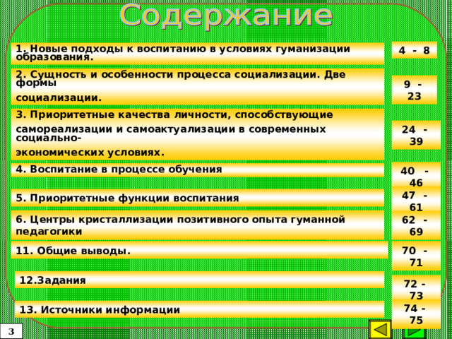 4 - 8 1. Новые подходы к воспитанию в условиях гуманизации образования. 2. Сущность и особенности процесса социализации. Две формы социализации. 9 - 23 3. Приоритетные качества личности, способствующие самореализации и самоактуализации в современных социально- экономических условиях. 24 - 39 40 - 46 4. Воспитание в процессе обучения 47 - 61 5. Приоритетные функции воспитания 6. Центры кристаллизации позитивного опыта гуманной педагогики 62 - 69 70 - 71 11. Общие выводы. 12.Задания 72 - 73 74 - 75 13. Источники информации  3  