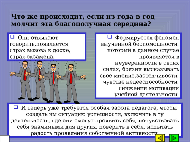 Что же происходит, если из года в год молчит эта благополучная середина?  Они отвыкают говорить,появляется страх вызова к доске, страх экзамена.  Формируется феномен выученной беспомощности, который в данном случае проявляется в неуверенности в своих силах, боязни высказывать свое мнение,застенчивости, чувстве недееспособности, снижении мотивации учебной деятельности  И теперь уже требуется особая забота педагога, чтобы создать им ситуацию успешности, включить в ту деятельность, где они смогут проявить себя, почувствовать себя значимыми для других, поверить в себя, испытать радость проявления собственной активности.  27 