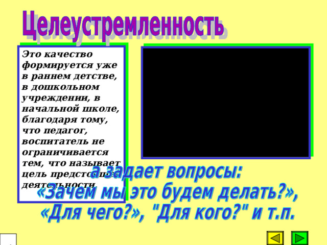 Это качество формируется уже в раннем детстве, в дошкольном учреждении, в начальной школе, благодаря тому, что педагог, воспитатель не ограничивается тем, что называет цель предстоящей деятельности,  31  