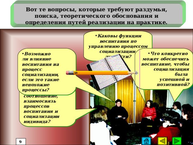 Вот те вопросы, которые требуют раздумья, поиска, теоретического обоснования и определения путей реализации на практике. Каковы функции воспитания по управлению процессом социализации личности? Возможно Что конкретно ли влияние воспитания на процесс социализации, если это такие непохожие процессы? может обеспечить воспитание, чтобы социализация была успешной и позитивной? Каково соотношение, взаимосвязь процессов воспитания и социализации индивида? 9 