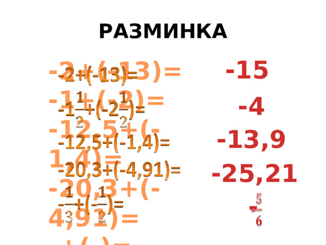 РАЗМИНКА -15 -2+(-13)=   -1+(-2)= -12,5+(-1,4)= -20,3+(-4,91)= -+(-)= -4 -13,9 -25,21 -   