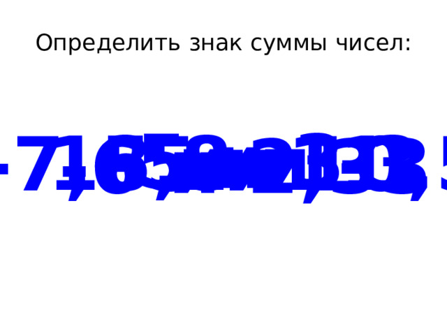 Определить знак суммы чисел: -5 и 3 15,8 и -3 8 и -11 -7,65 и 10,5 -6 и 2,33 