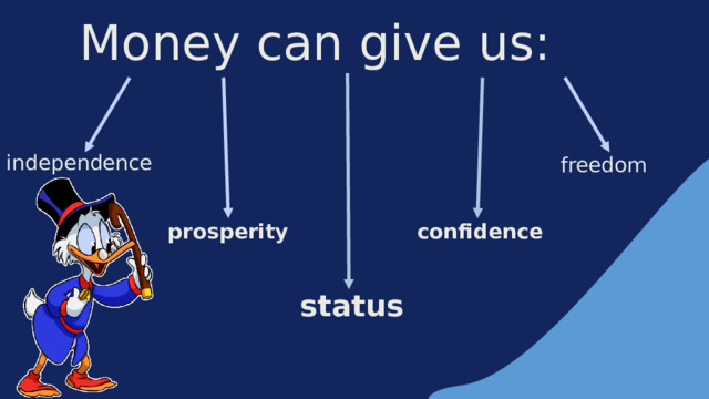 Money can give us: independence freedom prosperity confidence status 