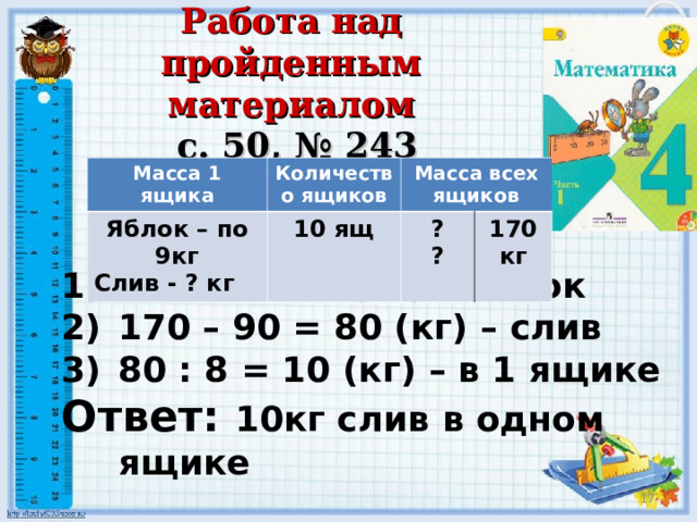 Работа над пройденным материалом  с. 50, № 243 Масса 1 ящика Количество ящиков Яблок – по 9кг Слив - ? кг 10 ящ Масса всех ящиков ? ? 170кг 10 х 9 = 90 (кг) – яблок 170 – 90 = 80 (кг) – слив 80 : 8 = 10 (кг) – в 1 ящике Ответ: 10кг слив в одном ящике  8 