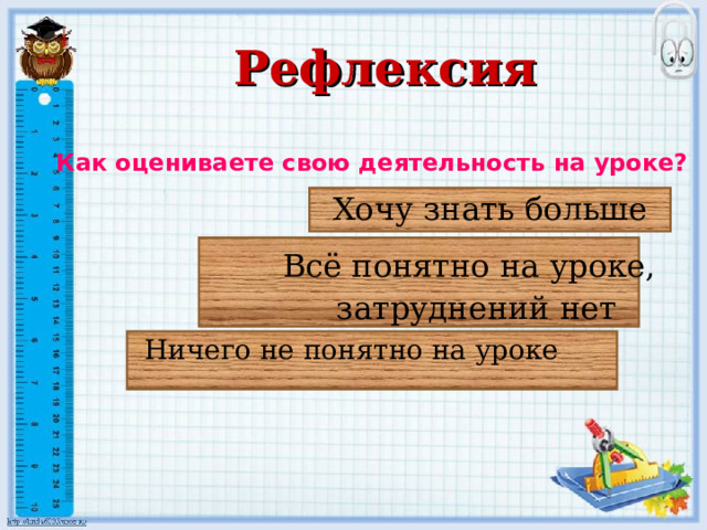 Рефлексия Как оцениваете свою деятельность на уроке? Хочу знать больше   Всё понятно на уроке,  затруднений нет  Ничего не понятно на уроке 