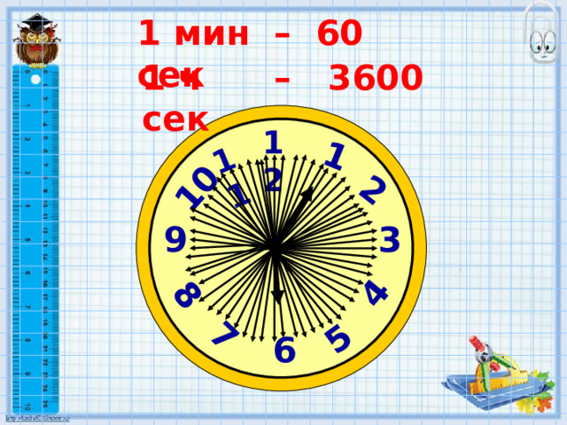 2 8 1 7 5 4 11 10 1 мин – 60 сек  1 ч – 3600 сек  12 9 3 6 
