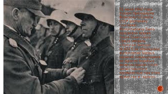 21 июля 1942 года Указом Президиума Верховного Совета СССР Шемякину Григорию Мелентьевичу было присвоено звание Героя Советского Союза (медаль «Золотая Звезда» № 1037) за образцовое выполнение боевых заданий командования на фронте борьбы с немецко-фашистским захватчиками и проявленные при этом мужество и героизм. 
