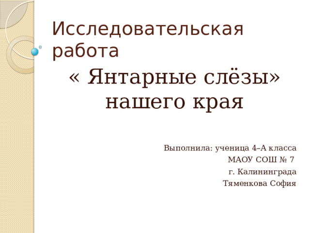 Исследовательская работа « Янтарные слёзы» нашего края Выполнила: ученица 4–А класса МАОУ СОШ № 7 г. Калининграда Тяменкова София 