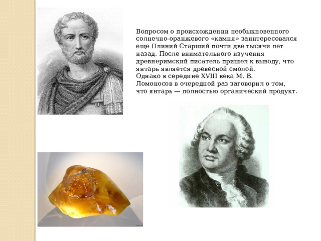 Вопросом о происхождении необыкновенного солнечно-оранжевого «камня» заинтересовался еще Плиний Старший почти две тысячи лет назад. После внимательного изучения древнеримский писатель пришел к выводу, что янтарь является древесной смолой. Однако в середине XVIII века М. В. Ломоносов в очередной раз заговорил о том, что янтарь — полностью органический продукт. 