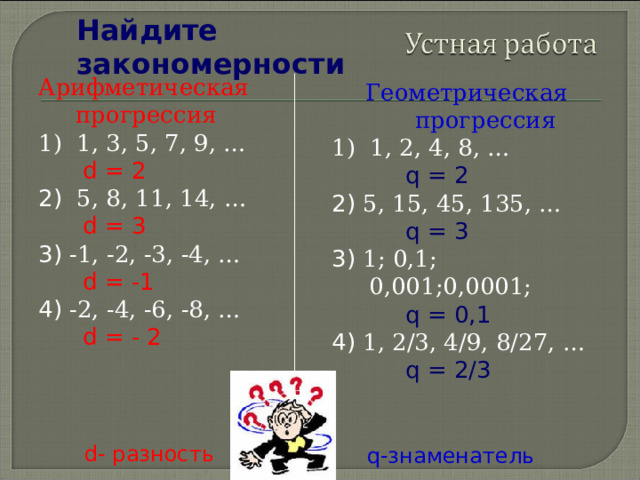 Найдите закономерности Арифметическая прогрессия 1) 1, 3, 5, 7, 9, …  d = 2 2) 5, 8, 11, 14, …  d = 3 3) -1, -2, -3, -4, …  d = -1 4) -2, -4, -6, -8, …  d = - 2 Геометрическая прогрессия 1) 1, 2, 4, 8, …  q = 2 2) 5, 15, 45, 135, …  q = 3  3) 1; 0,1; 0,001;0,0001;  q = 0,1 4) 1, 2/3, 4/9, 8/27, …  q = 2/3 d - разность q -знаменатель 