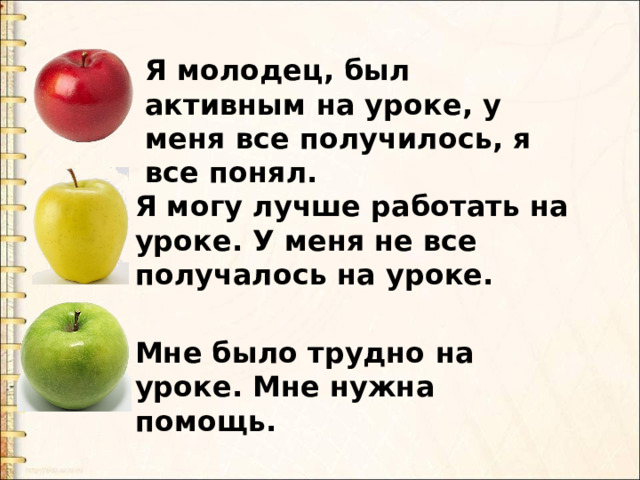 Я молодец, был активным на уроке, у меня все получилось, я все понял. Я могу лучше работать на уроке. У меня не все получалось на уроке. Мне было трудно на уроке. Мне нужна помощь. 