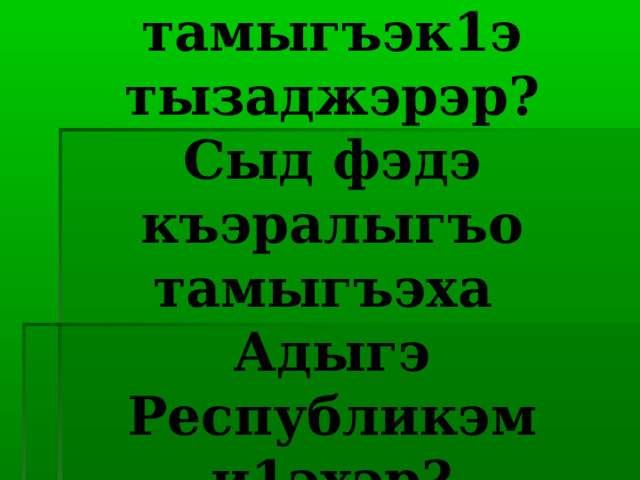 Сыда къэралыгъо тамыгъэк1э тызаджэрэр?  Сыд фэдэ къэралыгъо тамыгъэха  Адыгэ Республикэм и1эхэр? 