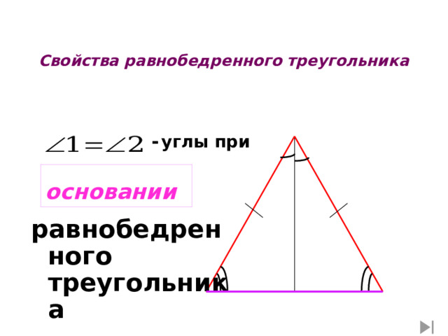 : Свойства равнобедренного треугольника    -  углы при A основании равнобедренного треугольника 2 1 D C B 14 