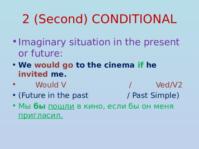 2 (Second) CONDITIONAL Imaginary situation in the present or future: We would go to the cinema if he invited me.  Would V / Ved/V2 (Future in the past / Past Simple) Мы бы  пошли в кино, если бы он меня пригласил. 
