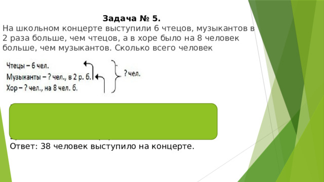 Задача № 5. На школьном концерте выступили 6 чтецов, музыкантов в 2 раза больше, чем чтецов, а в хоре было на 8 человек больше, чем музыкантов. Сколько всего человек выступило на концерте? 6 ∙ 2 = 12 (ч.) – музыкантов выступило на концерте. 12 + 8 = 20 (ч.) – выступило в хоре. 3) 6 + 12 + 20 = 38 (ч.) Ответ: 38 человек выступило на концерте. 