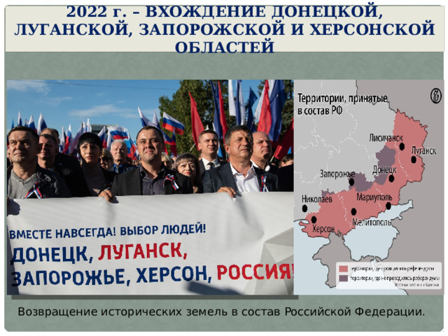 2022 г . – вхождение Донецкой, Луганской, запорожской и Херсонской областей Возвращение исторических земель в состав Российской Федерации. 