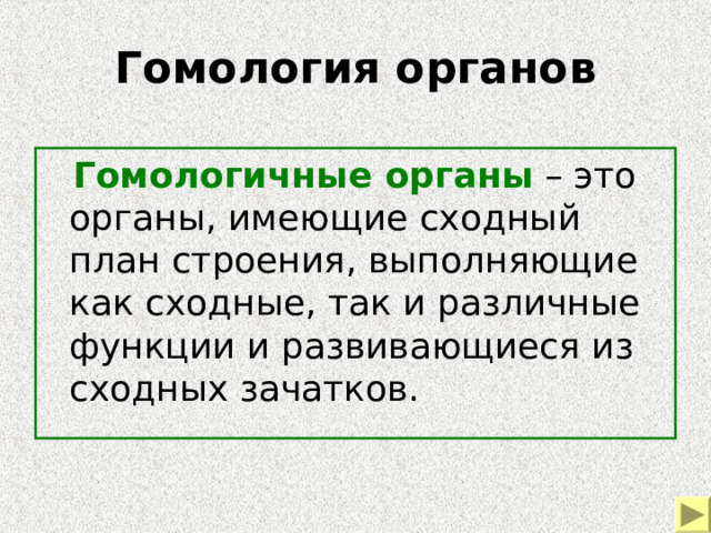 Гомология органов  Гомологичные органы – это органы, имеющие сходный план строения, выполняющие как сходные, так и различные функции и развивающиеся из сходных зачатков. 