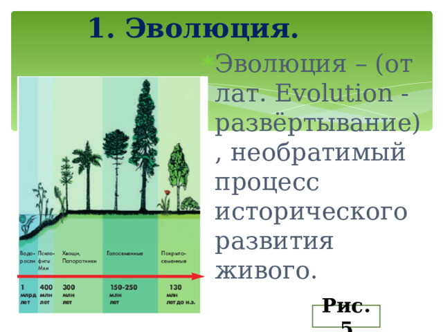 1. Эволюция.     Эволюция – (от лат. Evolution - развёртывание), необратимый процесс исторического развития живого. Рис.5 