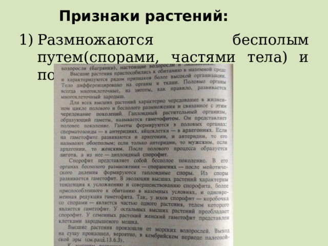 Признаки растений: Размножаются бесполым путем(спорами, частями тела) и половым (семенами)  