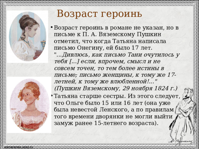 Возраст героинь Возраст героинь в романе не указан, но в письме к П. А. Вяземскому Пушкин отметил, что когда Татьяна написала письмо Онегину, ей было 17 лет. 