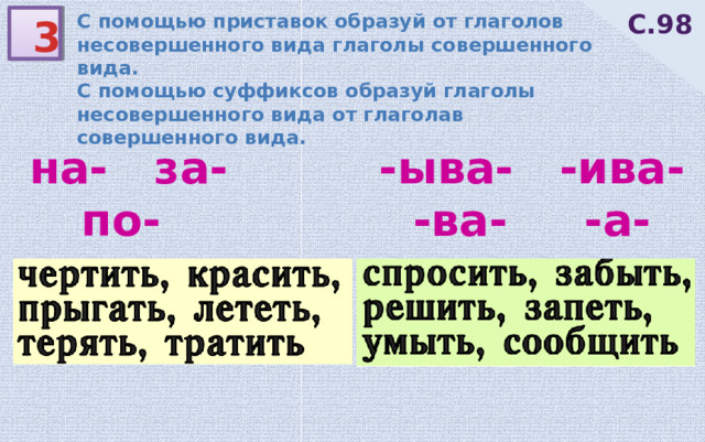 С.98 С помощью приставок образуй от глаголов несовершенного вида глаголы совершенного вида. С помощью суффиксов образуй глаголы несовершенного вида от глаголав совершенного вида. 3 на- за- по- ис- -ыва- -ива- -ва- -а- 