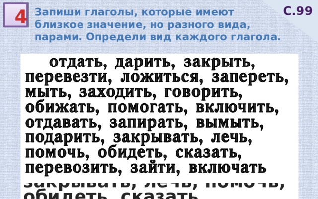 С.99 Запиши глаголы, которые имеют близкое значение, но разного вида, парами. Определи вид каждого глагола. 4  отдать, дарить, закрыть, перевезти, ложиться, запереть, мыть, заходить, говорить, обижать, помогать, включить, отдавать, запирать, вымыть, подарить, закрывать, лечь, помочь, обидеть, сказать, перевозить, зайти, включать 