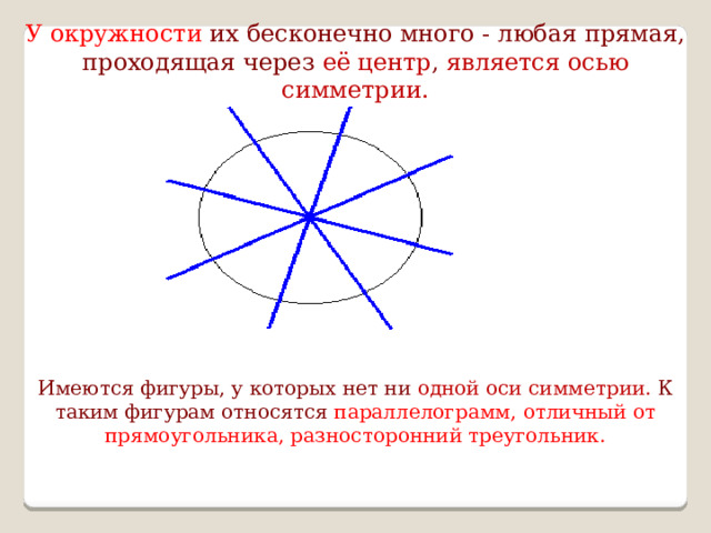 У окружности их бесконечно много - любая прямая, проходящая через её центр , является осью симметрии.   Имеются фигуры, у которых нет ни одной оси симметрии. К таким фигурам относятся параллелограмм, отличный от прямоугольника, разносторонний треугольник. 