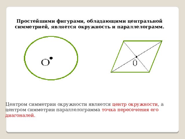 Простейшими фигурами, обладающими центральной симметрией, является окружность и параллелограмм. Центром симметрии окружности является центр окружности , а центром симметрии параллелограмма точка пересечения его диагоналей. 