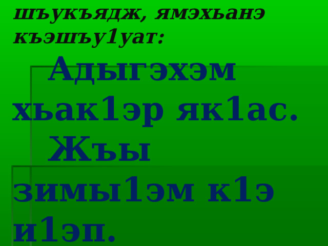 Гущы1эжъхэм шъукъядж, ямэхьанэ къэшъу1уат:   Адыгэхэм хьак1эр як1ас .  Жъы зимы1эм к1э и1эп. 