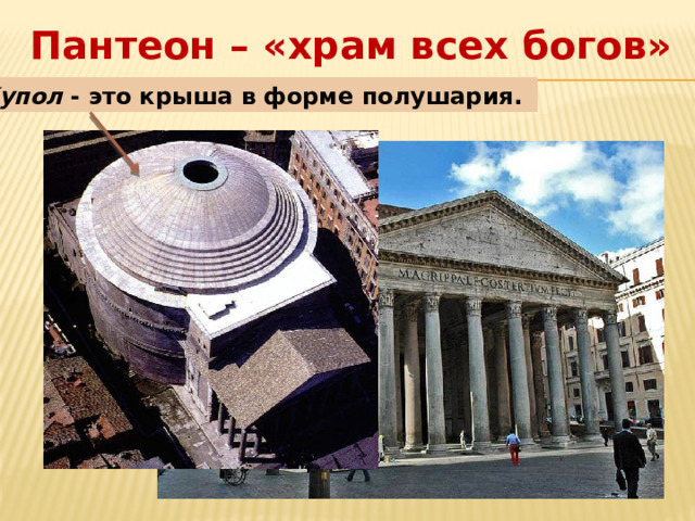 Пантеон – «храм всех богов» Купол - это крыша в форме полушария. 
