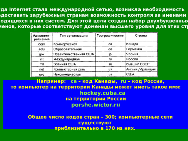 Когда Internet стала международной сетью, возникла необходимость  предоставить зарубежным странам возможность контроля за именами  находящихся в них систем. Для этой цели создан набор двухбуквенных  доменов, которые соответствуют доменам высшего уровня для этих стран. Например: ca  – код Канады,  ru – код России,  то компьютер на территории Канады может иметь такое имя:   hockey . cuba . ca   на территории России  porshe.wictor.ru   Общее число кодов стран – 300; компьютерные сети существуют  приблизительно в 170 из них. 