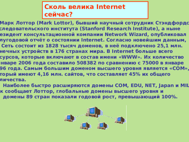 Сколь велика Internet сейчас?  Марк Лоттор ( Mark Lottor ) , бывший научный сотрудник Стэндфордского  исследовательского института ( Stanford Research Institute ) , а ныне  президент консультационной компании Network Wizard , опубликовал  полугодовой отчёт о состоянии Internet.  Согласно новейшим данным,  Сеть состоит из 1828 тысяч доменов, в неё подключено 25,1 млн. конечных устройств в 176 странах мира. В Internet больше всего ресурсов, которые включают в состав имени «WWW». Их количество в январе 2006 года составило 508382 по сравнению с 75000 в январе 1996 года. Самым большим доменом высшего уровня является «COM» , который имеют 4,16 млн. сайтов, что составляет 45% их общего количества.  Наиболее быстро расширяются домены COM, EDU, NET, Japan и MIL .  Как сообщает Лоттор, глобальные домены высшего уровня и  домены 89 стран показали годовой рост, превышающий 100%.   