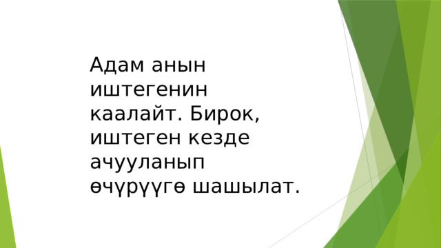 Адам анын иштегенин каалайт. Бирок, иштеген кезде ачууланып өчүрүүгө шашылат. 