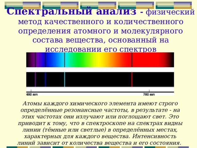 Спектральный анализ - физический метод качественного и количественного определения атомного и молекулярного состава вещества, основанный на исследовании его спектров Атомы каждого химического элемента имеют строго определённые резонансные частоты, в результате - на этих частотах они излучают или поглощают свет. Это приводит к тому, что в спектроскопе на спектрах видны линии (тёмные или светлые) в определённых местах, характерных для каждого вещества. Интенсивность линий зависит от количества вещества и его состояния. 