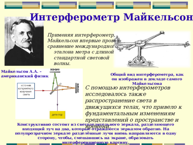  Интерферометр Майкельсона  Применяя интерферометр, Майкельсон впервые провел сравнение международного эталона метра с длиной стандартной световой волны. Майкельсон А.А. – американский физик Общий вид интерферометра, как он изображен в докладе самого Майкельсона С помощью интерферометров исследовалось также распространение света в движущихся телах, что привело к фундаментальным изменениям представлений о пространстве и времени. Конструктивно состоит из светоделительного зеркала, разделяющего входящий луч на два, которые отражаются зеркалом обратно. На полупрозрачном зеркале разделённые лучи вновь направляются в одну сторону, чтобы, смешавшись на экране, образовать интерференционную картину. 
