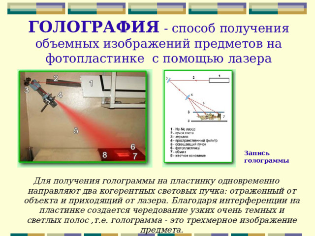 ГОЛОГРАФИЯ  - способ получения объемных изображений предметов на фотопластинке с помощью лазера Запись голограммы Для получения голограммы на пластинку одновременно направляют два когерентных световых пучка: отраженный от объекта и приходящий от лазера. Благодаря интерференции на пластинке создается чередование узких очень темных и светлых полос ,т.е. голограмма - это трехмерное изображение предмета. 