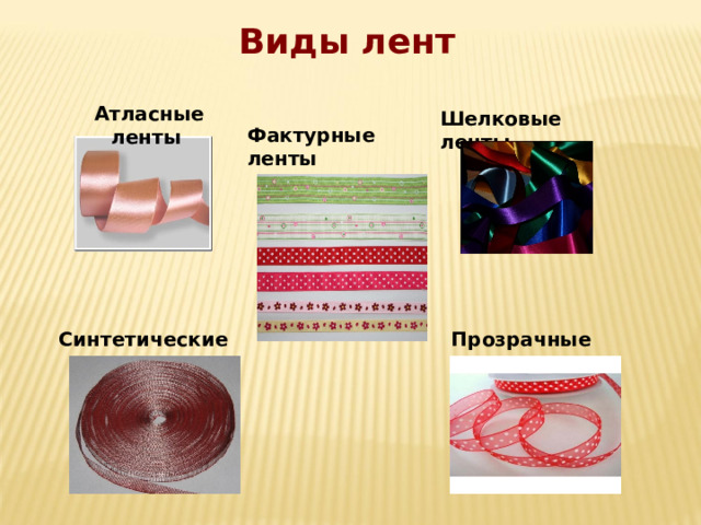 Виды лент Атласные ленты  Шелковые ленты  Фактурные ленты Синтетические ленты Прозрачные ленты 