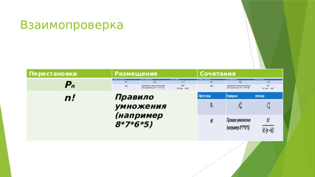Взаимопроверка Перестановки Перестановки Размещения Размещения P n P n Сочетания n! Сочетания n! Правило умножения (например 8*7*6*5)  Правило умножения (например 8*7*6*5)    