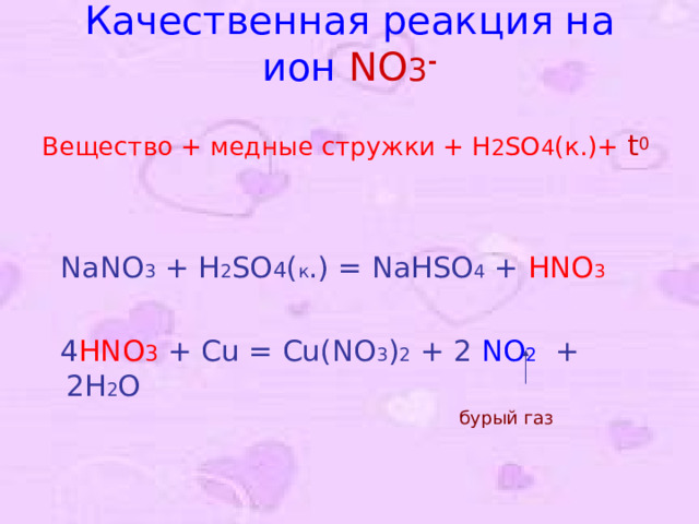 Качественная реакция на ион NO 3 -   Вещество + медные стружки + H 2 SO 4 (к.)+ t 0   NaNO 3 + H 2 SO 4 ( к . ) = NaHSO 4 +  HNO 3  4 HNO 3  + Cu = Cu(NO 3 ) 2 + 2 NO 2 + 2H 2 O  бурый газ 