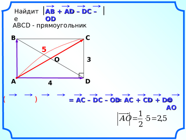 Найдите АВ + AD – DC – OD АВ + AD – DC – OD ABCD - прямоугольник C B 5 3 О А D 4 «Геометрия 7-9» Л.С. Атанасян и др. (  ) = АО  = АС  + CD + DO = АС – DC – OD 23 