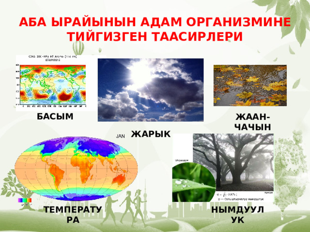 АБА ЫРАЙЫНЫН АДАМ ОРГАНИЗМИНЕ ТИЙГИЗГЕН ТААСИРЛЕРИ БАСЫМ ЖААН-ЧАЧЫН ЖАРЫК ТЕМПЕРАТУРА НЫМДУУЛУК 