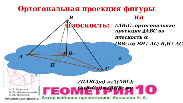 Ортогональная проекция фигуры  на плоскость: В  АВ 1 С – ортогональная проекция  АВС на плоскость  . (ВВ 1   ; ВН  АС;  В 1 Н  АС)  В 1 А  Н С  ((АВС);  ) =  ((АВС);(А 1 В 1 С 1 ))=  ВНВ 1 =  