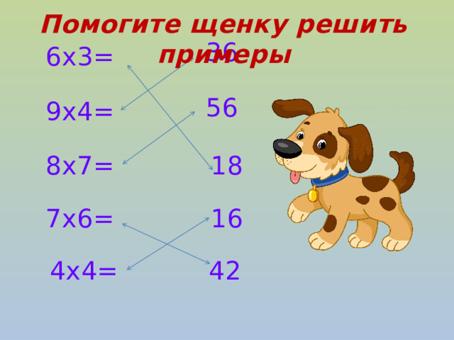 Помогите щенку решить примеры 36 6х3= 56 9х4= 18 8х7= 16 7х6= 4х4= 42 