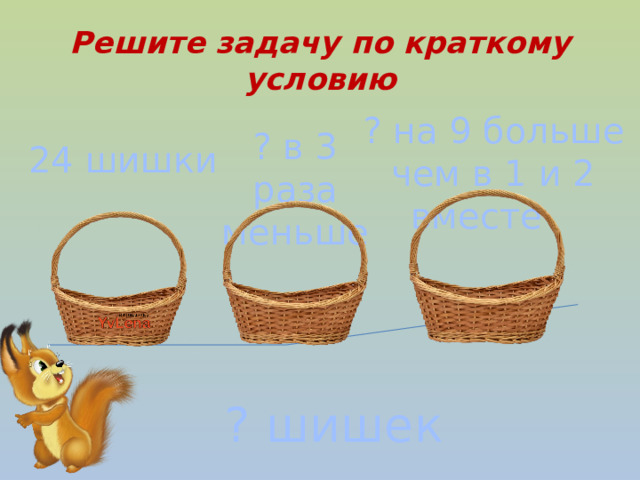 Решите задачу по краткому условию ? на 9 больше чем в 1 и 2 вместе ? в 3 раза меньше 24 шишки ? шишек 