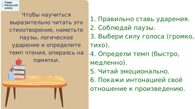 Чтобы научиться выразительно читать это стихотворение, наметьте паузы, логическое ударение и определите темп чтения, опираясь на памятки. 1. Правильно ставь ударения. 2. Соблюдай паузы. 3. Выбери силу голоса (громко, тихо). 4. Определи темп (быстро, медленно). 5. Читай эмоционально. 6. Покажи интонацией своё отношение к произведению. 