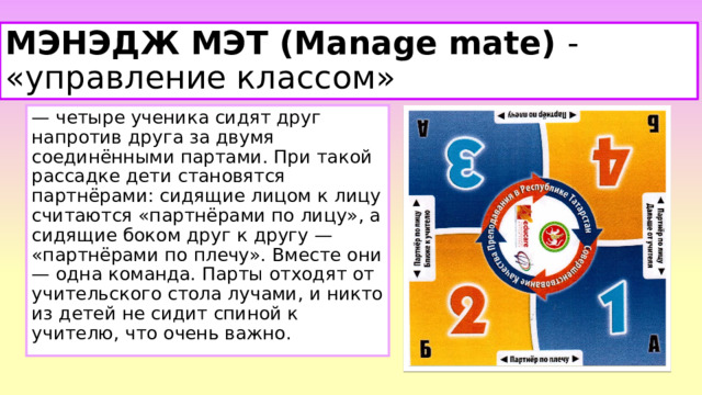 МЭНЭДЖ МЭТ (Manage mate) - «управление классом»  — четыре ученика сидят друг напротив друга за двумя соединёнными партами. При такой рассадке дети становятся партнёрами: сидящие лицом к лицу считаются «партнёрами по лицу», а сидящие боком друг к другу — «партнёрами по плечу». Вместе они — одна команда. Парты отходят от учительского стола лучами, и никто из детей не сидит спиной к учителю, что очень важно.  