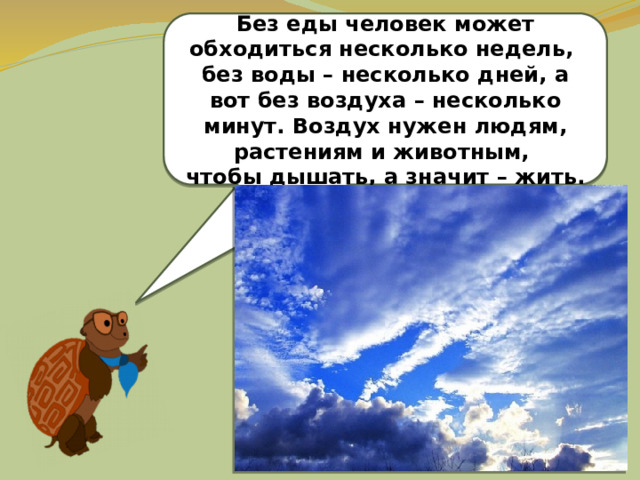 Без еды человек может обходиться несколько недель, без воды – несколько дней, а вот без воздуха – несколько минут. Воздух нужен людям, растениям и животным, чтобы дышать, а значит – жить. 