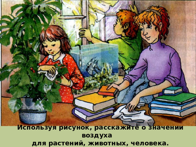 Используя рисунок, расскажите о значении воздуха для растений, животных, человека. 