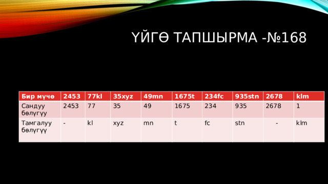 Үйгө тапшырма -№168 Бир мүчө Сандуу бөлүгүу 2453 Тамгалуу бөлүгүү 77kl 2453 35xyz - 77 35 49mn kl xyz 49 1675t mn 234fc 1675 234 935stn t 935 2678 fc 2678 stn klm  - 1 klm 